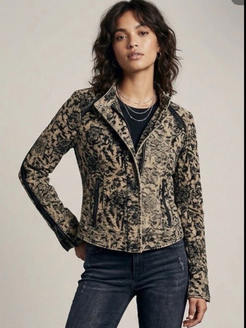 Free People Follow the Flock Moto Jacket Black Tan Velvet Floral Jacquard Sz 8